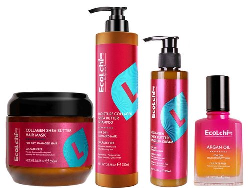 ECOLCHIPRO Ecolchi Hair Mask Shampoo Leaving-in Conditioner Argan Oil Set Collagen Hair Treatment Deep Repair Conditioning for Dry Damaged Hair All Hair Types 550+750+200+60ml