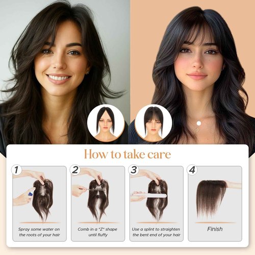 TESSHAIR Human Hair topper for Women, 3D Cover Clip in Bangs, Hair Toppers with Side Bangs,11 inch, #2 Dark Brown