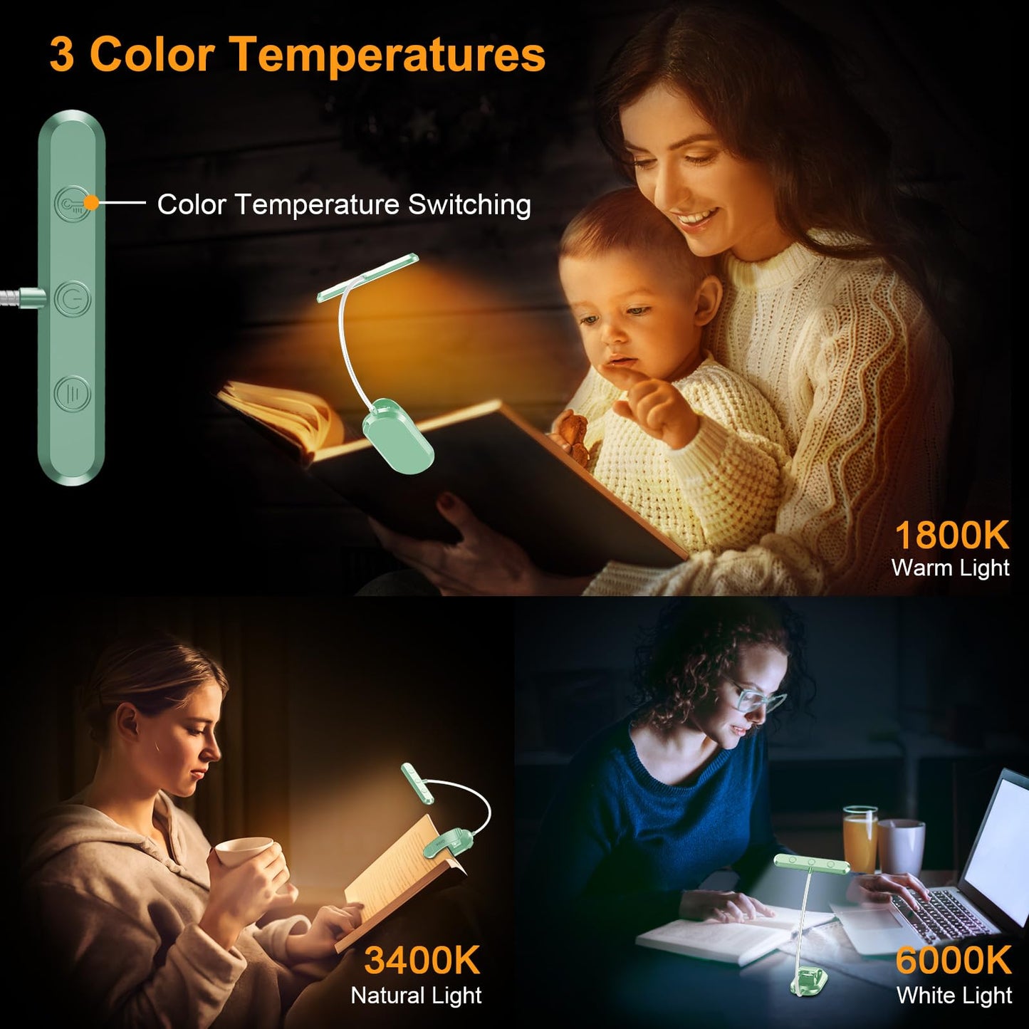 Gritin Rechargeable Book Light for Reading in Bed with 19 LED &Memory Function-Eye Caring 3 Color Temperatures,5 Brightness Levels,80 Hrs Runtime Flexible Goose Neck Clip on Light-Cyan