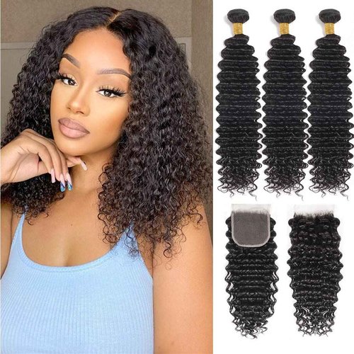 Deep Wave Bundles with Closure Human Hair (12 14 16+10 Closure) 4x4 Lace Closure with Baby Hair Natural Color 3 Bundles with Closure Free Part 100% Brazilian Virgin Remy Hair for Black Women