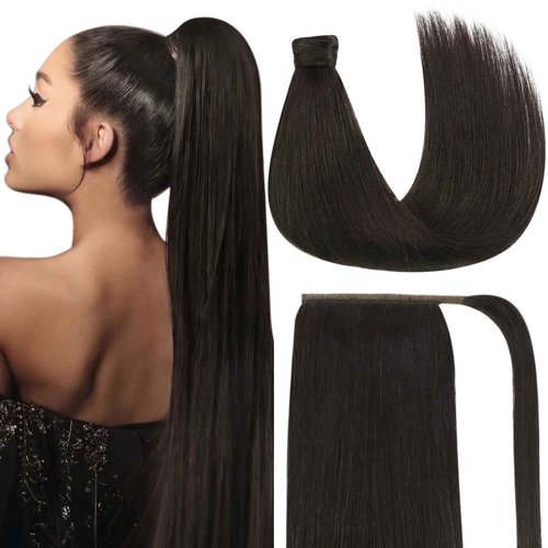 Ve Sunny Ponytail Extension Real Human Hair for Women Clip in Ponytail Hair Extension Straight Hair Pieces Wrap Around Darkest Brown 22inch 80G