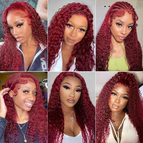 ZHUO JIA 99j Burgundy Lace Front Wigs Human Hair Pre Plucked 30 Inch Deep Wave Wig Human Hair for Women 180% Density Transparent 13x4 HD Lace Front Wigs Bleached Knots with Baby Hair (30 Inch)