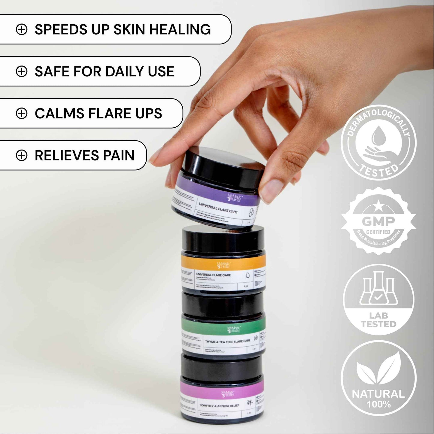 MyMagicHealer Comfort Flare Care | 1oz Collection of All-Natural Salves for Skin Flare-Ups Convenient Relief for Skin Flare-Ups, Acne, Boils, Muscle & Joint Discomfort – Perfect for Travel