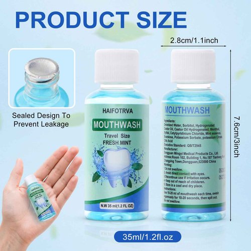 HAIFOTRVA 100 Pcs Mini Mouthwash Travel Size Bulk,Blue Portable Mint Flavor Mini Mouthwash Individual 35ml/1.2oz On The Go Mouth Wash Small Bottle for Travel,Office,Toiletry Kits