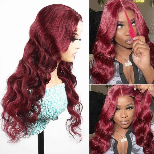 99J Burgundy 5X5 Lace Closure Wigs Human Hair Glueless Wigs HD Transparent 180 Density Wine Red Pre Plucked Pre Cut Body Wear for Beginners 22 Inch