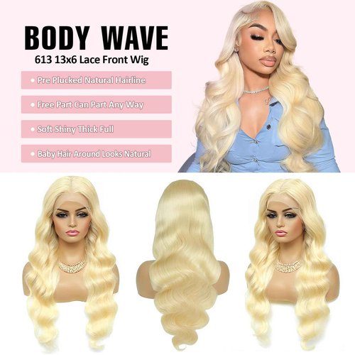 613 HD Lace Frontal Wig 200% Density 13x6 Blonde Body Wave Lace Front Wigs Human Hair Pre Plucked Glueless Wigs for Women (28inch)