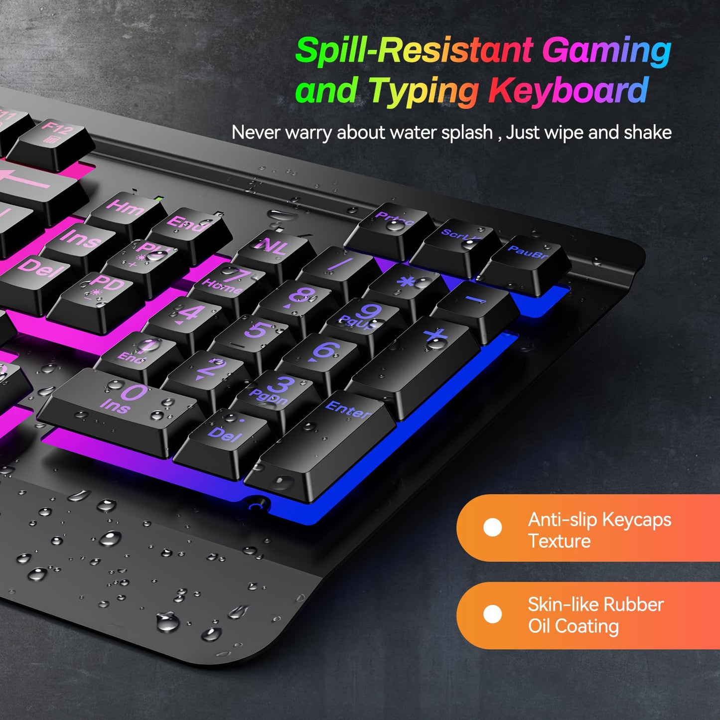 Acebaff Gaming Computer Keyboard with Large Print Keys, 104 Keys All-Metal Panel, Rainbow LED Backlit, Wrist Rest, Multimedia, Anti-Ghosting, Waterproof Light Up Wired Keyboard for PC Mac Gamer