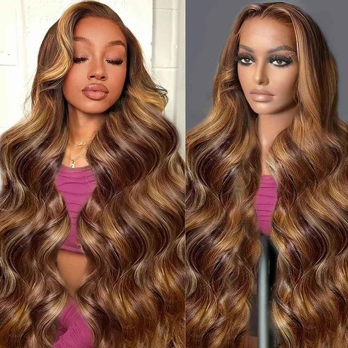 KeaBalo 28 Inch Highlight Ombre Lace Front Wig Human Hair Pre Plucked Body Wave Frontal Wigs 180% Density 4/27 Colored 13x4 Honey Blonde Lace Front Wig Human Hair for Women