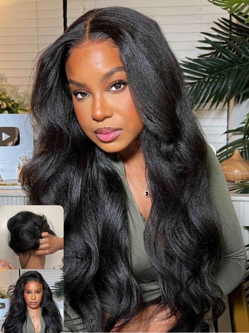 Nadula Yaki Wavy V Part Drawstring Wig Human hair with Blow Out Bangs, Glueless EasiContour Vpart Wigs No Leave Out Beginner Friendly Clip In V Shape Wigs Upgrade Wavy U Part Wig 150% Density 16inch