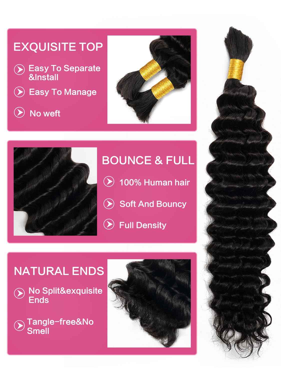 Human Braiding Hair 3 Bundles/Pack 300g 16 18 20 inch Deep Wave Curly Bulk 100% Human Hair for Braiding No Weft 10A Brazilian Virgin Human Hair Extensions for Boho Braids Natural Black Wet and Wavy