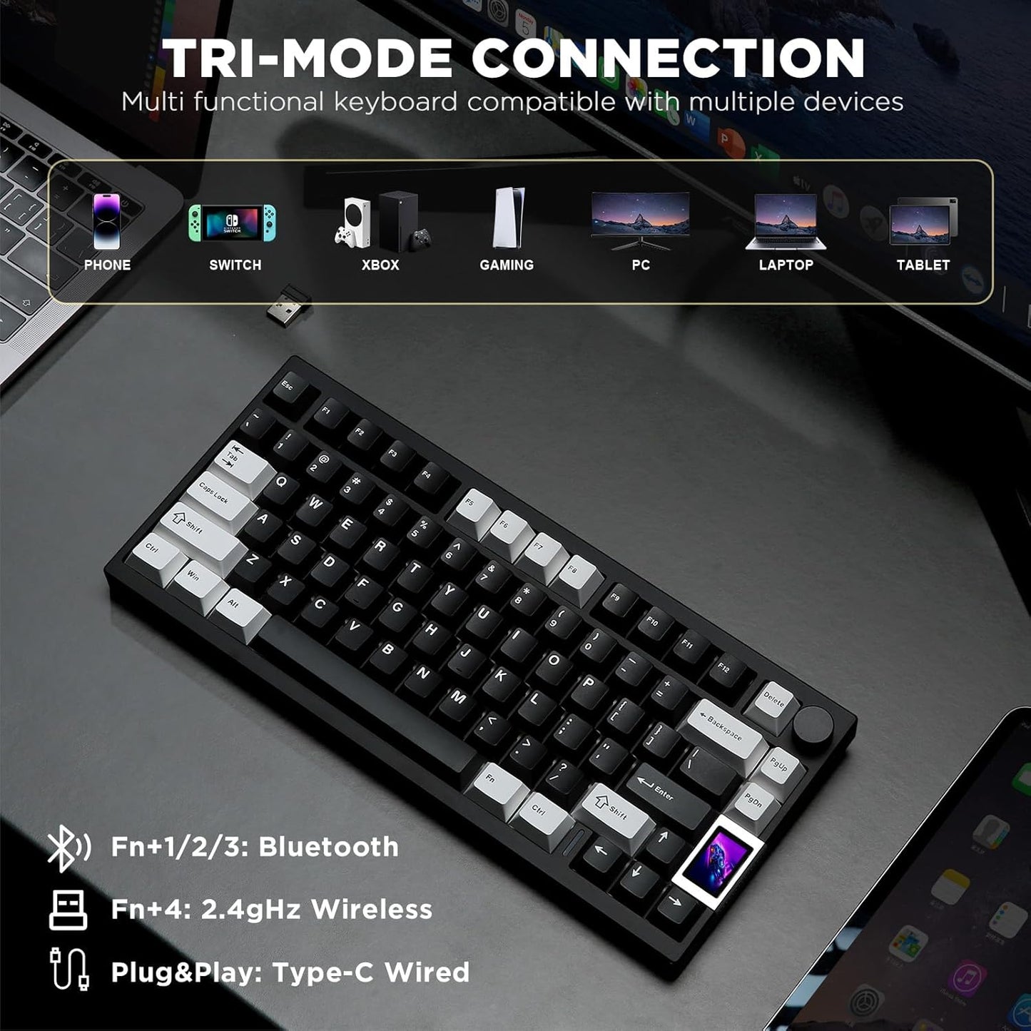YUNZII AL80 Wireless Mechanical Keyboard,Full Aluminum CNC, Smart LCD Display,Hot Swappable Gasket Mount 75% Layout with Knob,BT/2.4G/USB-C,QMK/VIA Support for Win/Mac (Silver, Cocoa Cream V2 Switch)