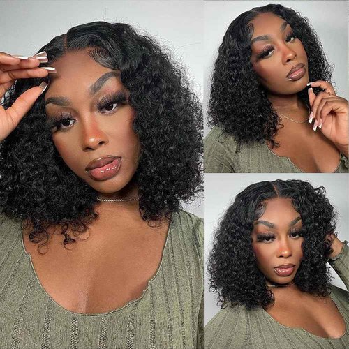Bob Wig Human Hair Deep Wave Glueless Wigs Human Hair Pre Plucked Pre Cut 4x4 Wear and Go Wig for Black Women Beginner Friendly Natural Color (Glueless Curly Wig, 16inch)