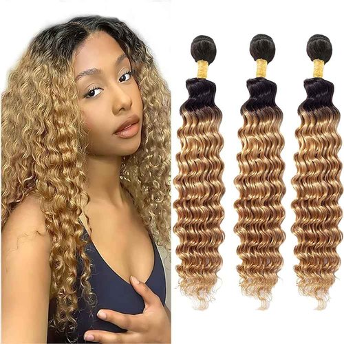 ZCMYVINND Hair Extension Color 1B27 Bundle 26 28 30 Inch Ombre Blonde Deep Wave Human Hair Bundles Brazilian Unprocessed Virgin Hair Two Tone Black Two Honey Blonde 3 Bundles