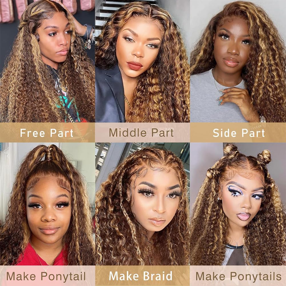 13x6 Highlight Lace Front Wig Ombre Deep Wave Lace Front Wig Pre Plucked With Baby Hair 180% Density Honey Blonde Curly Human Hair Glueless Wigs for Women (24 inch)
