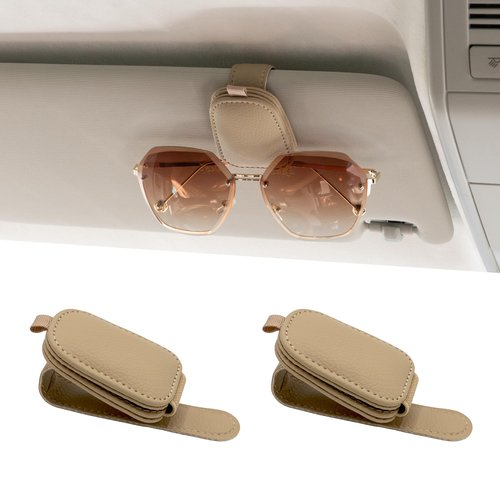 Yuoyar Sunglass Holder for Car, Magnetic Leather Sunglasses Holder and Ticket Card Clip, Car Visor Accessories, 2 Packs (Beige)