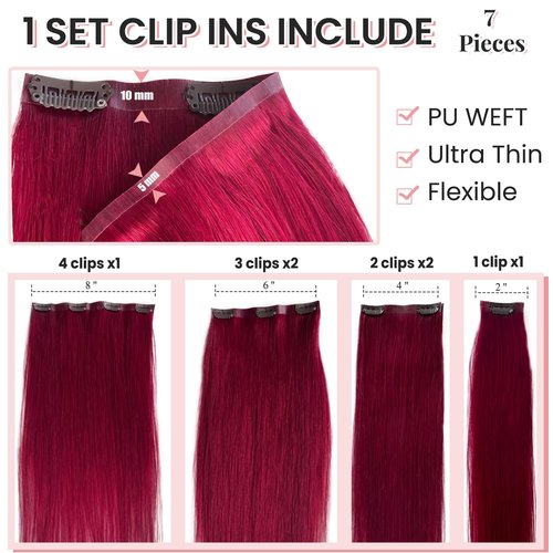 Hair Extensions Burgundy Clip in Hair Extension Real Human Hair Clip on Hair Extensions for Women 22 Inch 100G 7 Pcs