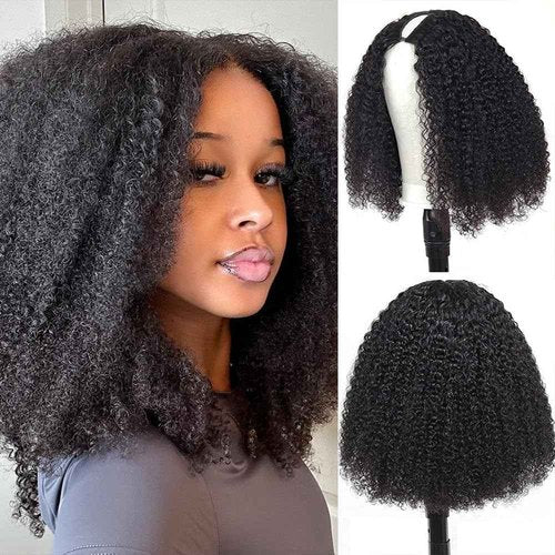 Homgoss Afro Kinky Curly V Part Wigs With Drawstring For Black Women,200% Density Kinky Curly V Part Human Hair Wigs,Upgrade No Sew In & Glueless Design,Beginner Friendly,Natural Black Color(20inch)