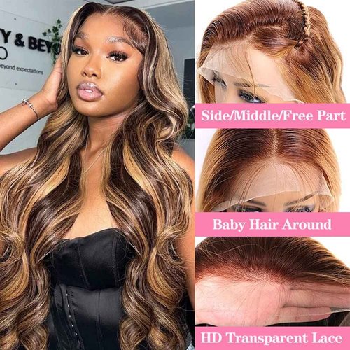 yamduly Honey Blonde Lace Front Wig Human Hair 13x4 HD Transparent 4/27 Highlight Ombre Lace Front Wigs Human Hair Pre Plucked With Baby Hair 180% Density Glueless Wig 18 Inch