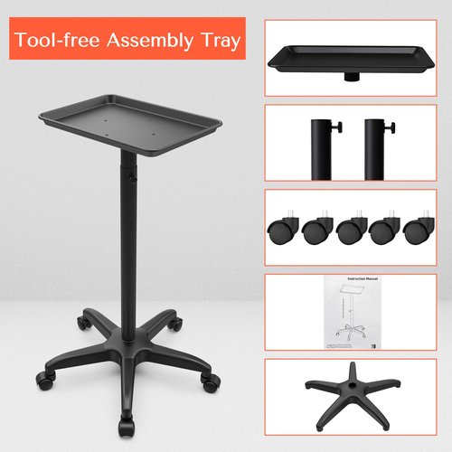 TASALON Black Salon Tray on Wheels, 2pcs Adjustable Instrument Tattoo Tray Cart with Wheels, Aluminum Salon Rolling Tray for Hairstylist, Sap, Medical
