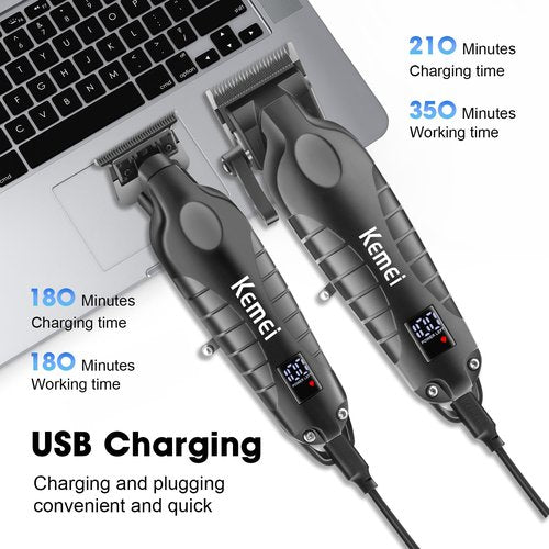 Kemei Hair Clipper and Trimmer Set Professional Cordless Hair Clipper for Men Electric Beard Trimmers Barber Hair Cuttings Kit, T Blade Trimmers for Men with LCD Display, KM-2290，KM-2293