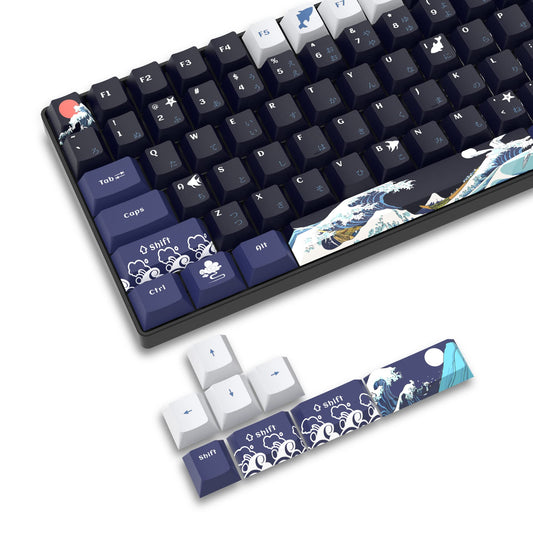 XVX PBT Keycaps - 132 Keys, Great Wave Off Kanagawa Japanese Keyboard Set, 5 Side Dye-Sub Custom Keycaps, Cherry Profile for Cherry/Gateron MX Switches