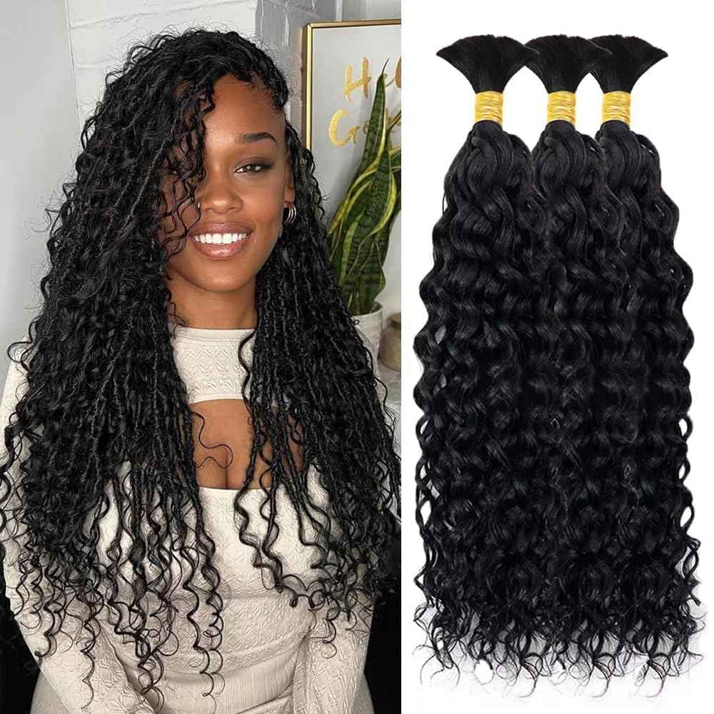 Human Braiding Hair 3 Bundles/Pack 150g Water Wave Bulk Hair No Weft 10A Brazilian Virgin Braiding for Boho Braids Wet and Wavy Braids Extensions (18 18 18inch)