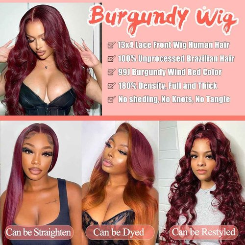 FASCARA human hair wig 26 Inch 13x4 body wave lace front wigs human hair 99J burgundy transparent lace front wigs 180% density pre plucked body wave wig with baby hair