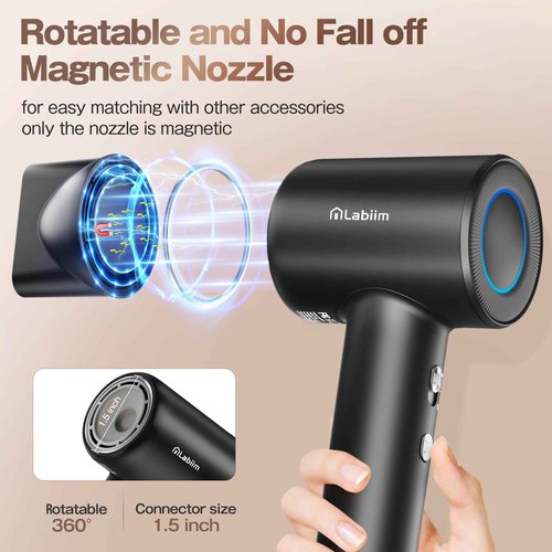 Labiim Hair Dryer, High-Speed Ionic Low Noise Blow Dryer with Brushless Motor for Fast Drying, Thermo-Control Quiet Compact Hair Blow Dryer, Hairdryer with 1 Nozzle Attachments for Home Salon Travel
