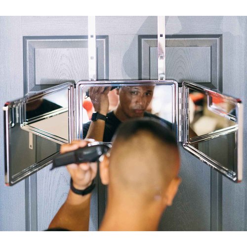 Self Cut System 3 Way Mirror for Self Hair Cutting, Trifold Barber Mirror with Height Adjustable Hooks, 360 View, Includes Free Educational Mobile App (Black Lambo)
