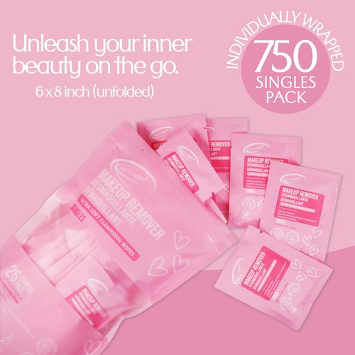 Air Jungles Makeup Remover Wipes Singles Wrapped 30 Pack, 750 Packs, Extra Large 6" x 8", Fragrance-Free, Removes Makeup and Oil, Ultra Soft Cleansing Wipes, Alcohol Free