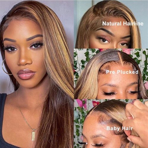 13X6 Highlight Lace Front Wig Human Hair Pre Plucked Ombre 4/27 Lace Front Wig Human Hair 180 Density Highlight Human Hair 32 Inch