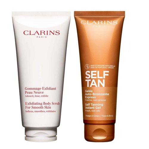 Clarins Self Tanning Tinted Gel and Exfoliating Body Scrub for Smooth Skin Bundle | Self Tanner for Face and Body | Buildable Tan | Softening and Smoothing Body Scrub | All Skin Types