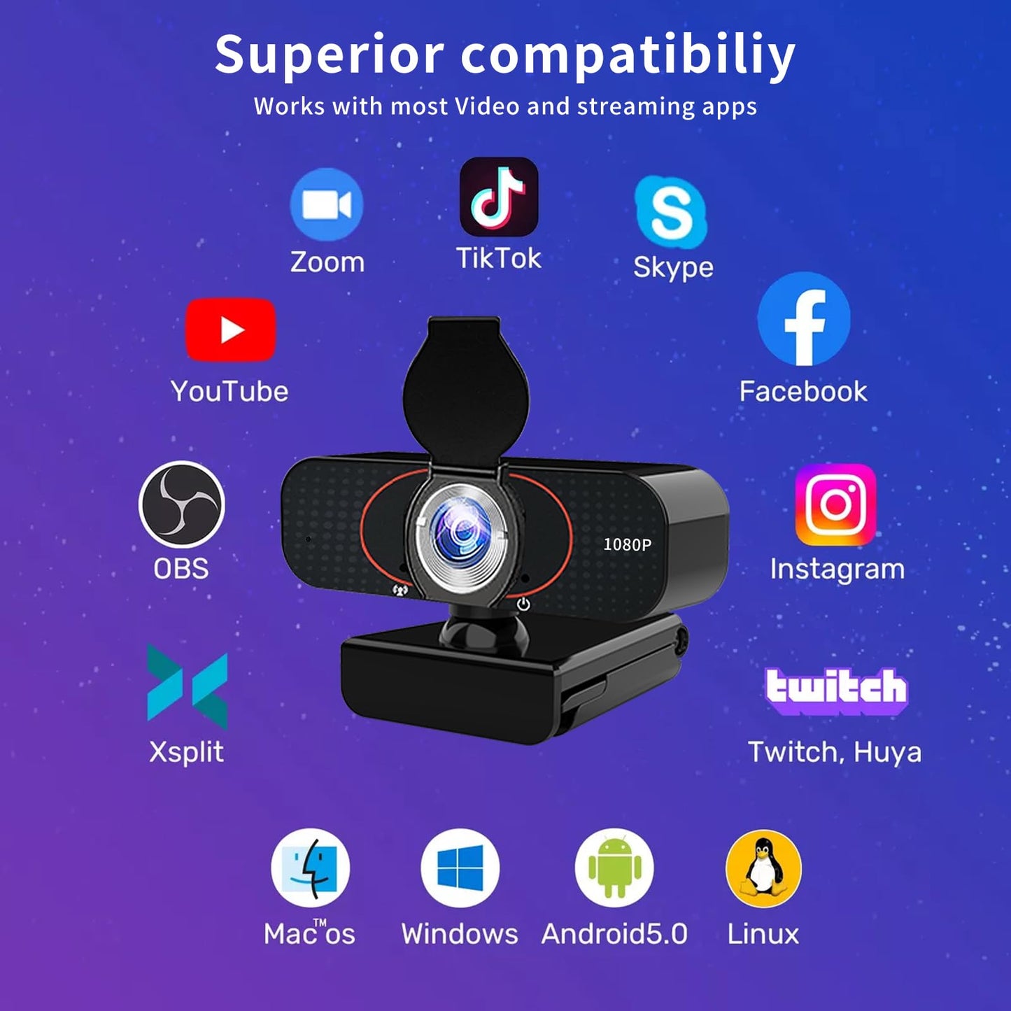 1080P HD Webcam with Microphone, Wide-Angle Lens, Auto Light Correction, Plug Play USB Web Cam with Tripod, Stand, External Camera for Laptop, Desktop Computer, PC, Mac, Zoom, Skype, Streaming, Gaming