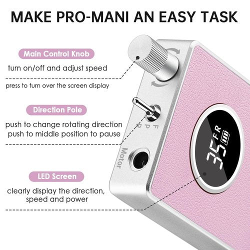 Kredioo Nail Drill Professional Super Quiet with Coreless Motor 35000RPM Electric File 6+1 Tungsten Bits Kit Portable Strong Drill para uñas Profesional Remove Acrylic Nails Dip Powder-Pink