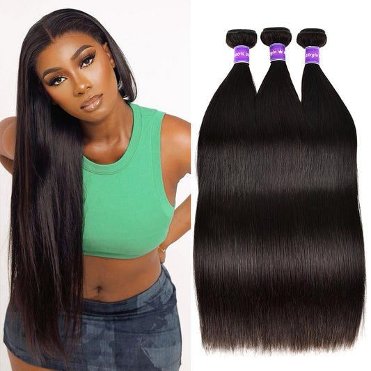 10A Human Hair Bundles 26 28 30 Inch Straight 3 Bundles Human Hair Brazilian Virgin Hair Weave Bundles Human Hair Extension 100% Unprocessed Weave Bundles Double Weft Natural Black
