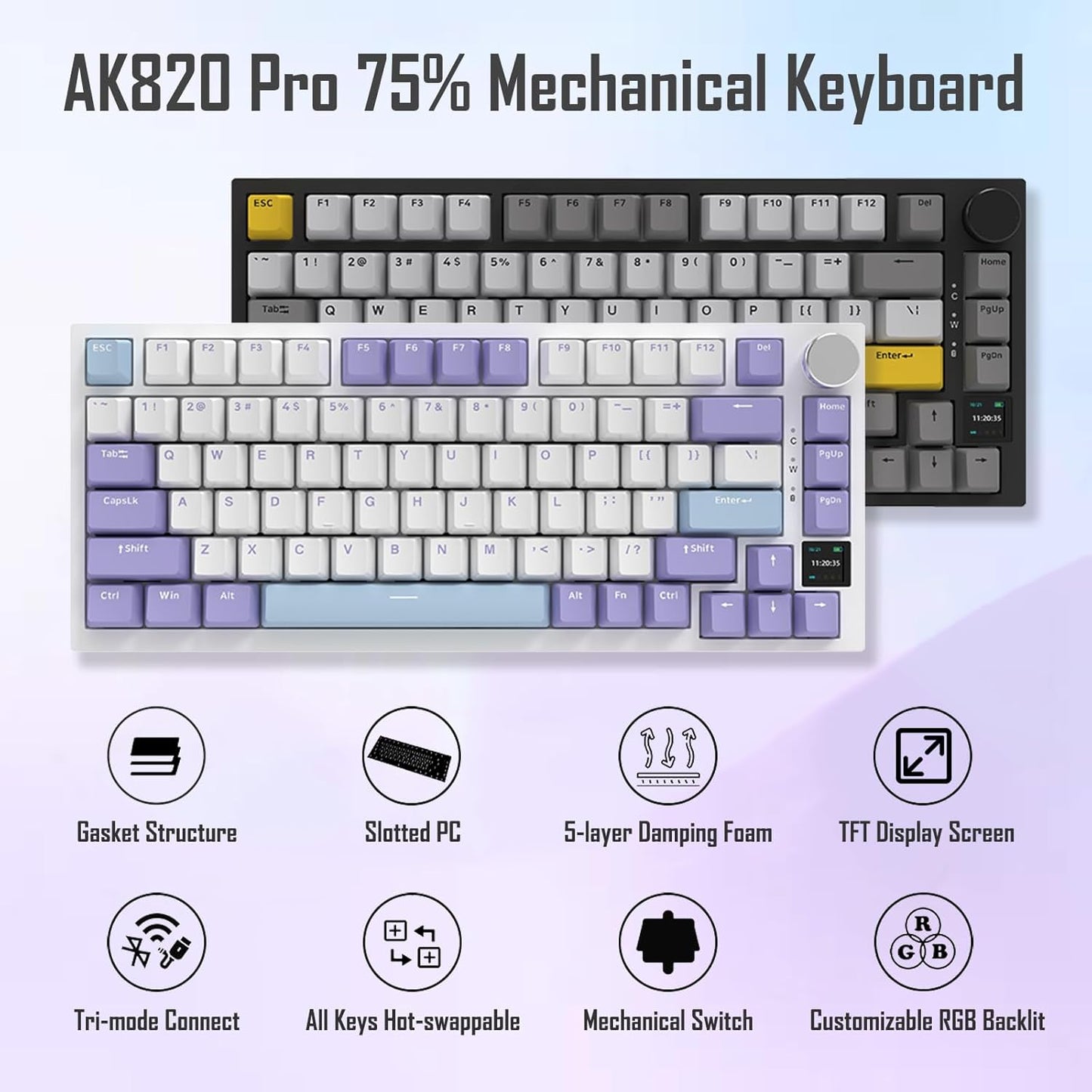 AJAZZ AK820 Pro 75% Gasket RGB Wireless Mechanical Keyboard with TFT Screen, Volume knob, Bluetooth/2.4G/Wired 3-Modes, Compact 82 Hot-Swap Keys, Tricolor PBT Keycap, 4000 mAh (Gray&Yellow 3-Modes)