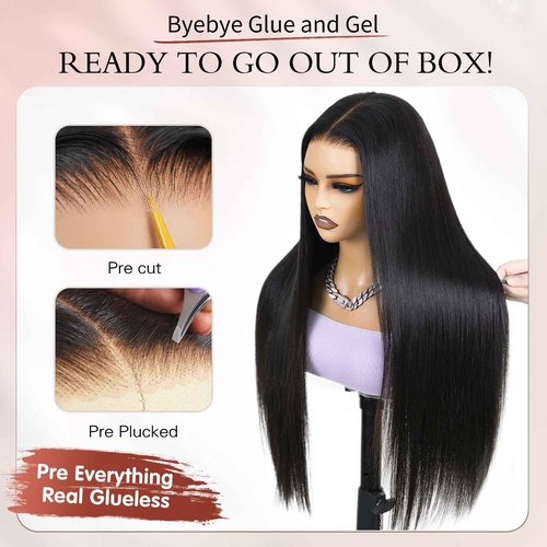 ZHENGON Glueless Wigs Human Hair Pre Plucked Pre Cut 6x4 Straight Lace Front Wigs Human Hair 24 Inch Hd Lace Front Closure Wigs for Women 180% Density Wear and Go Glueless Wig Ready to Wear Black