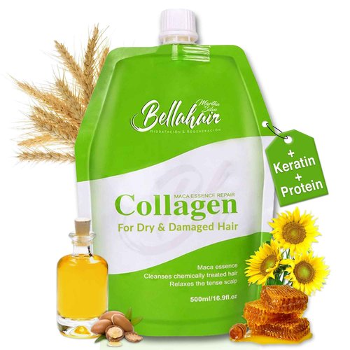 Bellahair Hydrating Collagen Hair Mask for Dry Damaged Hair and Growth - Hydrolyzed Keratin, Protein, SheaButter, Argon Oil & Botanical Extracts - Deep Repairs, Smooths & Strengthens All Hair-17Oz