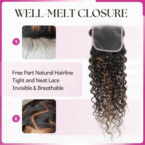 Anmetan Honey Blonde Highlight F1B30 Bundles with Closure Water Wave Human Hair, Soft Wet and Wavy 12A Black and Brown Remy Ombre Color Curly 100% 3 Bundles with 4x4 HD Lace Closure 10 12 14 + 10 In