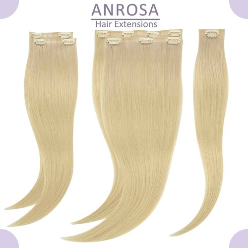 Anrosa Bleach Blonde Highlights - 18Inch Seamless Clip in Human Hair Extensions (7 Pcs, 110Gram) - Real, Natural, Silky Straight PU Weft