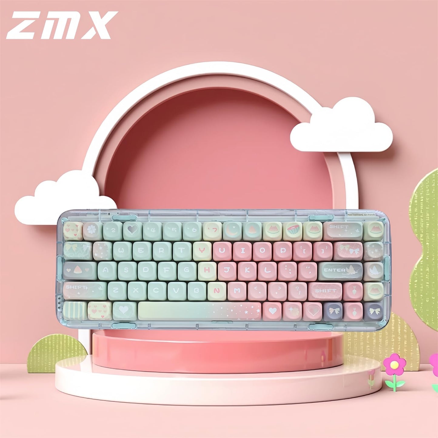 ZMX Cute MOA Keycaps,Gradient Pink Kawaii Round Keycaps Custom 126 Keys Keycap Set Thick PBT Keycap for Cherry MX Switch 75% 60% Mechanical Gaming Keyboard Creamy Watermelon Key Cap