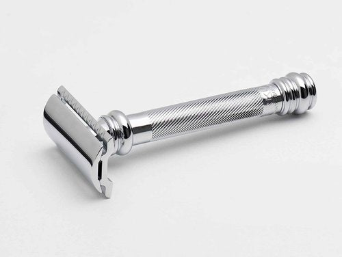 MERKUR 38C Double Edge Safety Razor - Bright Chrome, Extra Large Barber Pole Grip Brass Handle, Made in Germany, Plastic-Free, Two Piece Design, Closed Comb, Straight Bar