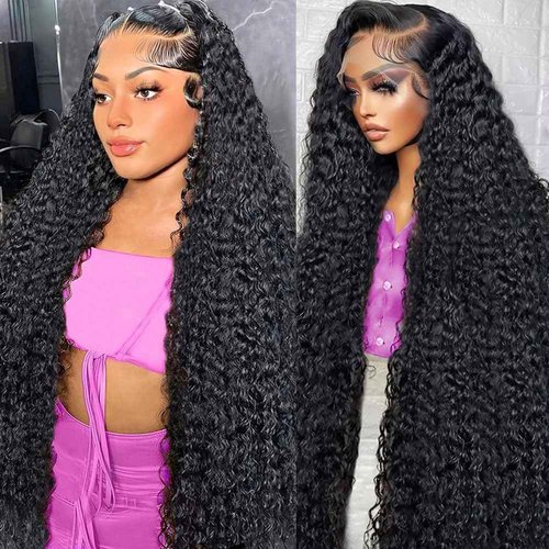 QVFWIG 32 Inch Deep Wave Lace Front Wigs Human Hair 13x4 HD Transparent Deep Curly Lace Frontal Wigs Human Hair Glueless Wig pre Plucked 200% Density Natural Color