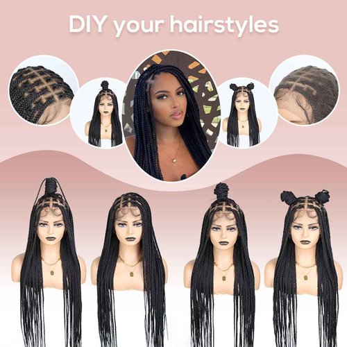 QUISDUIS 36 Inch Full Lace Braided Wigs for Black Women, 360° HD Single-layer Square Knotless Box Braid Wig with Baby Hair Handmade Synthetic Hair Blended Lace Front Wig Natural Black