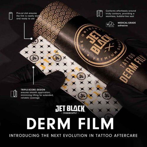 Jet Black Derm Film Tattoo Aftercare Wrap (10" x 8 yd) – Breathable Waterproof Adhesive Bandage with Triple-Score Backing, Easy-Dispense Tube, Hypoallergenic Tattoo Healing Film