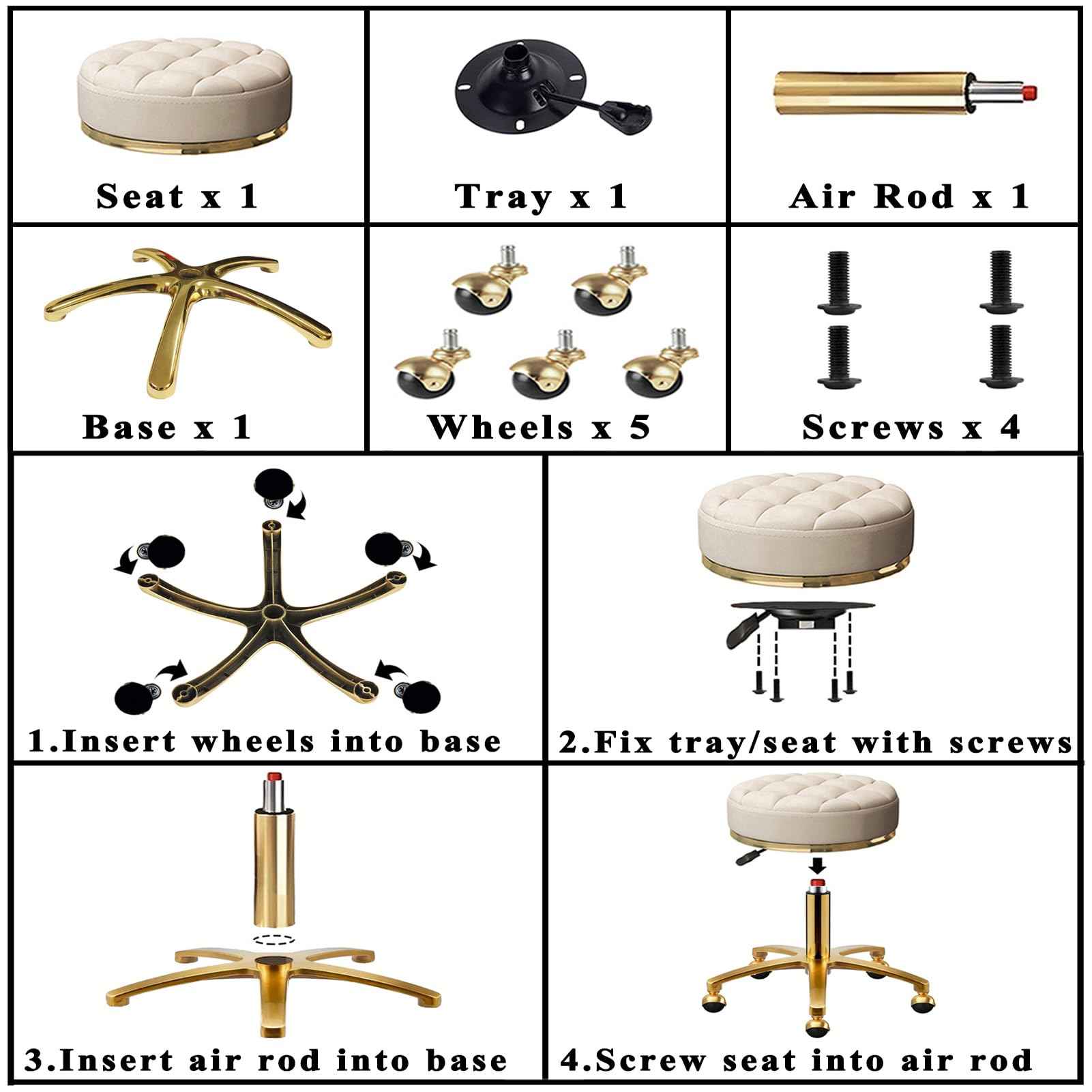 HZLCMPY Rolling Stool Gold Vanity Stool with Wheels, Pedicure Massage Roller Stools, PU Leather Round Swivel Salon Spa Chair, Titanium Gold Base, Height Adjustable 43-55 cm (Off White)