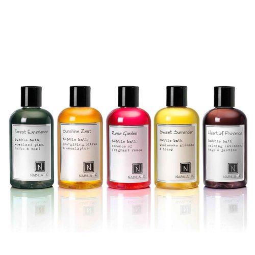 Assorted Bubble Bath Collection (Set of 5) by Nabila K - Forest Experience, Sunshine Zest, Rose Garden, Sweet Surrender, Heart of Provence - Essential Oils with Natural Ingredients - 8 oz