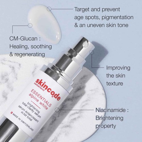 Skincode Essentials AlpineWhite Brightening Total Clarity Serum - Hydrating & Brightening Dark Spot Serum with CM-Glucan, Niacinamide & Swiss Alpine Plants, All Skin Types (1.0 Oz / 30 mL)