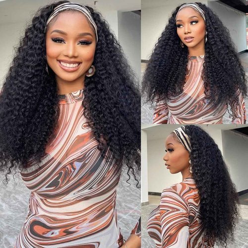 QCCSRR Headband Wig Human Hair Deep Wave 22 Inch Curly Headband Wigs for Black Women Glueless No Lace Half Wig Brazilian Virgin Hair Deep Curly Natural color