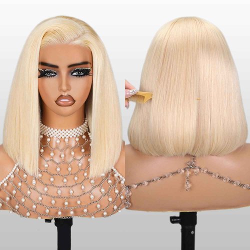 SUPERLOOK 6×5 Blonde 613 Bob Wig Human Hair Wear and Go Glueless Wigs Pre Cut 210% Density 613 Lace Front Wig Human Hair 613 Closure Bob Wig Real Pre Bleached Tiny Knots（12inch,613 Glueless bob）